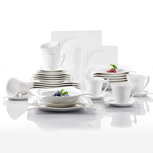 Vancasso seris Aurora 30 piezas Vajilla de Porcelana Juego de Plato Servicio de Combinación Cuadrada de Porcelana, con Taza de Café, Plato, Plato de Postre, Placa de Sopa y Plato para 6 Personas