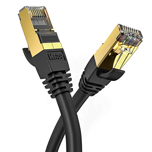 Veetop Cable Ethernet Cat 8 de Red Negro con Conectores rj45 Oro para 40 Gigabit Internet Lan Plano 2m