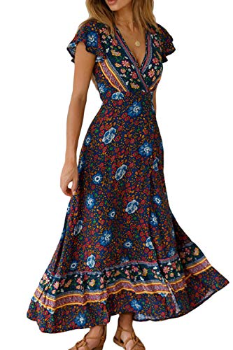 Vestido Mujer Bohemio Largo Verano Playa Fiesta Floral Manga Corta Cuello en V Talla Split Wrap Maxi Vestidos 1 XL