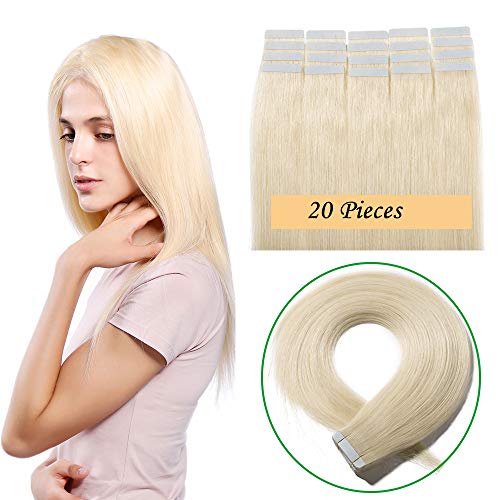 18"(45cm) Extensiones de Cabello Natural Adhesivas Liso 100% Remy Cabello Humano Largo Tape in Hair Extensions 20 Unidades (50g,#60 Rubio Platino)