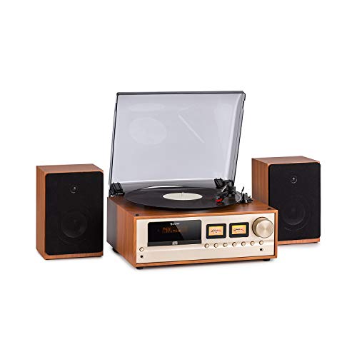 auna Oxford Equipo estéreo Retro - Sintonizador de Radio Dab+/FM , 2 Altavoces de 20 W , Bluetooth , Tocadiscos , Tracción por Correa con 33/45/78 RPM , Reproductor de CD , Entrada AUX , Champán