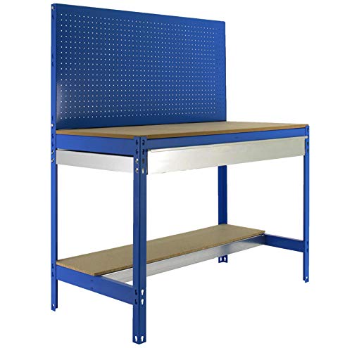 Banco de trabajo BT2 con cajón Simonwork Azul/Madera Simonrack 1445x1510x610 mms - Banco de trabajo con panel - mesa de bricolaje 600 Kgs de capacidad por estante