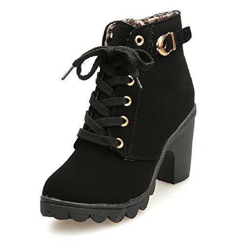 Botines De Altos Tacón Mujer,Piel con Plataforma Ante Forrados Cordones 8 Cm Zapatos Moda Otoño Invierno Comodos Negro 35