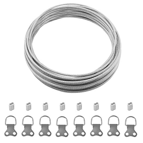 BUYGOO 8m X 2mm Cuerda Acero Inoxidable para Colgar + 8pcs Gancho de Colgar + 8pcs Anillo de Agujero Doble Elevación Flexible Alambre para Foto/Ropa/Lámpara/Cortina