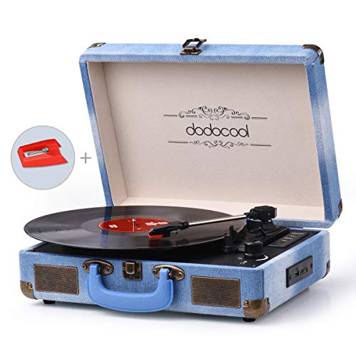 dodocool Tocadiscos Blue Tooth de Estilo Vintage, Giradiscos de Tres Velocidades con Altavoces Estéreo, Salida RCA, Conector para Auriculares, Grabación por USB y Tarjetas SD (Azul)