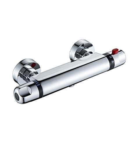 Grifo mezclador de ducha termostático de cromo, moderno, válvula antigoteo expuesta, con boquilla para bañera