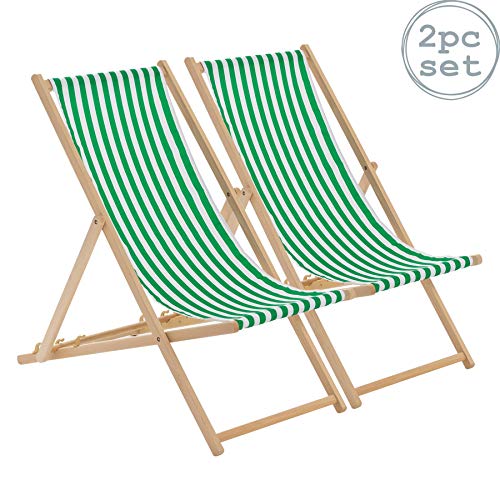 Harbour Housewares Tumbona reclinable y Plegable - Ideal para Playa y jardín - Estilo Tradicional - Rayas Verdes/Blancas - Pack de 2