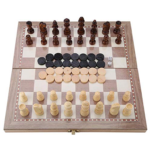 Juego de ajedrez Plegable, Madera 3 en 1 Ajedrez y Damas y Tablero Plegable de Backgammon Juguete portátil de Mesa de Viaje