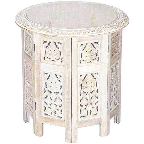 Marrakesch Orient & Mediterran Interior Mesa marroquí, Consola Auxiliar de Madera Ashkar Blanco 45cm Redonda - Mostrador de té Oriental - Bandeja Plegable es Oriental en marrón, como Mesa de luz