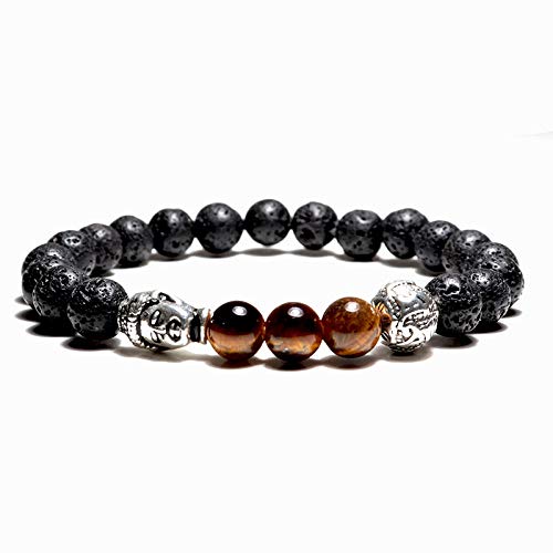 NINGYSP Pulsera De Piedra,Natural De Piedra Volcánica Negra Braslet Tiger Eye Stone Stone Biselado Plata Antigua Buda Beads Bracelet Equilibrio Étnico Hombres Mujeres Braclet del Yoga