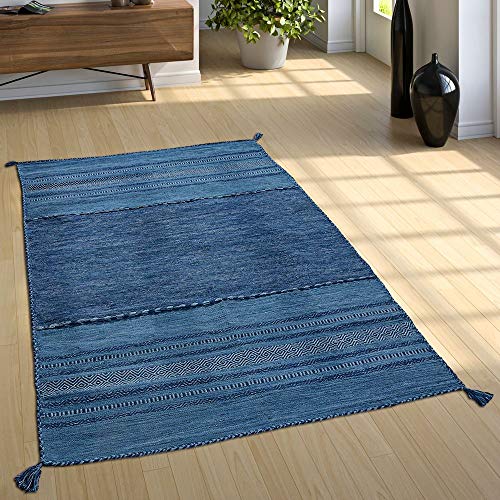 Paco Home Alfombra Diseño Kilim Tejida A Mano 100 % Algodón Moderna Estampada Azul, tamaño:120x170 cm