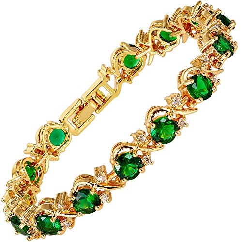 Rizilia Flor Tenis Pulsera [18cm/7inch] con Corte Redondo Piedras Preciosas Circonita CZ [Esmeralda Verde] en 18K Chapado en Oro Amarillo, Elegancia Moderna Sencillo