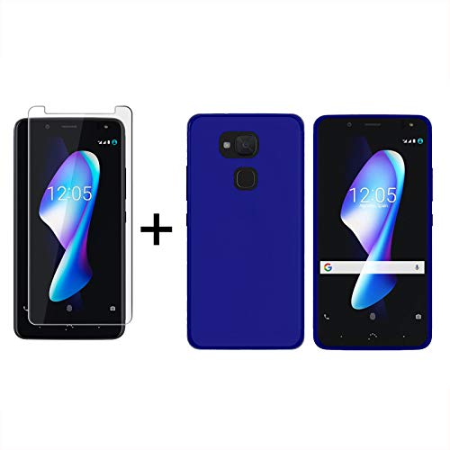 TBOC Pack: Funda de Gel TPU Azul + Protector Pantalla Vidrio Templado para bq Aquaris V Plus [5.5 Pulgadas]. Silicona Ultrafina y Flexible. Protector Resistente a Golpes Caídas y Arañazos