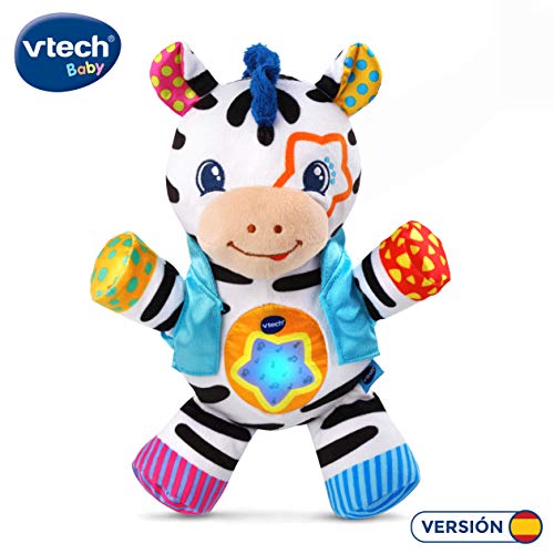 VTech - La Cebra cantarina, Peluche bebé Cuna Que estimula los sentidos del bebé a través de Diferentes Texturas, enseña Colores, Sentimientos, primeras Palabras y fomenta la motricidad Fina