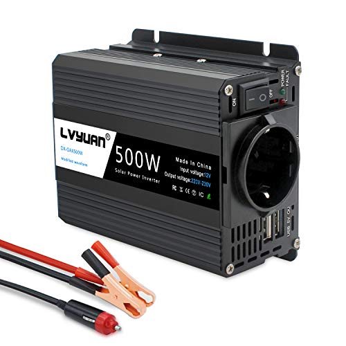 Yinleader 500W Inversor de Corriente, DC 12V, 220V-240V AC Salida, Dual Puertos USB 5V/2.4A