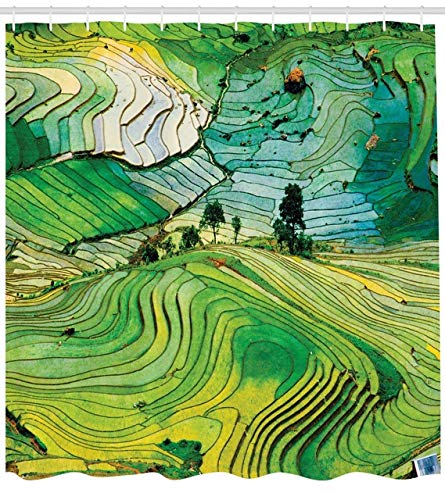 ZLWSSA Cortina De Ducha A Prueba De Agua 3D Vietnam Ricefield Adosado Laocai Estación del Agua Fotografía De Paisaje Asiático Cultivo Teal Cream Print 180x200cm