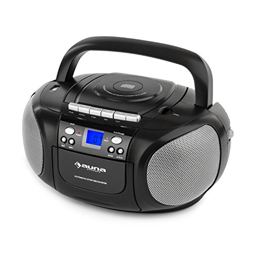 auna BoomBoom Black Edition - Reproductor CD estéreo, Casette, Radio FM, Minicadena , Radiocassette, MP3, Puerto USB, Altavoces Integrados, Portátil, Alimentación Opcional por Cable o Pilas, Negro