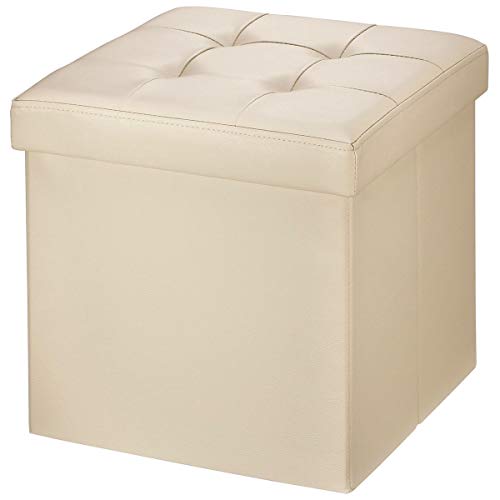 BRIAN & DANY Baúl Puff Taburete Plegable de Almacenamiento Banco Otomano Asiento, Piel sintética, 38 x 38 x 38 cm, Beige