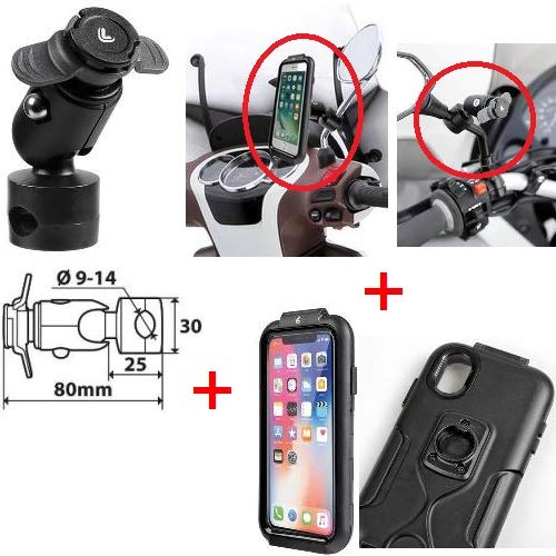 Compatible con Piaggio NRG 50 Power DD Soporte para Smartphone TELÉFONO ESPECÍFICO para iPhone X-XS + CONEXIÓN para Espejos, Marcos Y Cruces con Abrazadera Ø 9-14 MM LAMPA