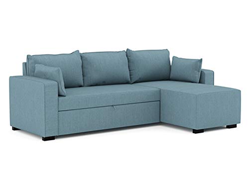 Confort24 Leah Sofá Cama 3 Plazas Chaise Longue Derecha o Izquierda Reversible Esquinero Dos Cojines Incluidos Tissu Salon Decoración de Hogar (Azul Claro)