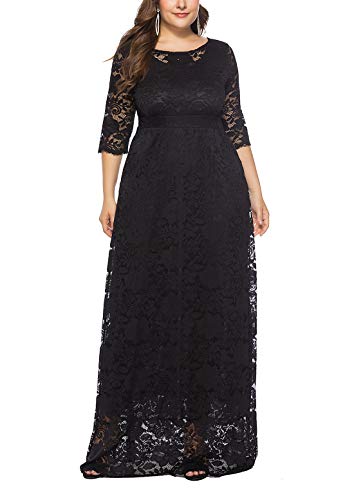 FEOYA - Vestidos de Fiesta con Encaje Cuello Redondo para Ceremonia Fiesta Boda Banquete Viaje Falda Larga de Cóctel de Señoras Talla Grande Negro - Talla 3XL/ES 54