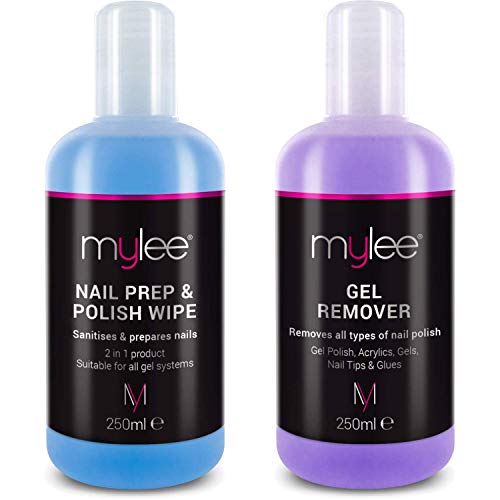 Mylee Toallita Prep & Wipe de Gel Limpiador de Uñas + Acetona Limpiadora y Removedora de Manicura UV LED de 2X250ml