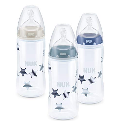 NUK Pack de 3 biberones | 0-6 meses | Válvula anticólico | Sin BPA | 300 ml | 3 unidades