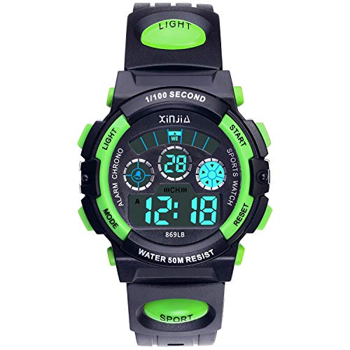 Reloj Digital para Niños,Niños Niñas 50M (5ATM) Impermeable 7 Colores LED Relojes Deportivos Multifuncionales para Exteriores con Alarma (Negro Verde)