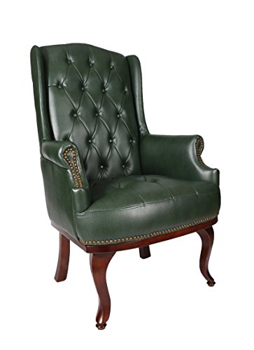 Silla de cuero negro con brazos y respaldo alto Reina Ana para sentarse junto a la chimenea, sillón Chesterfield verde de estilo antiguo