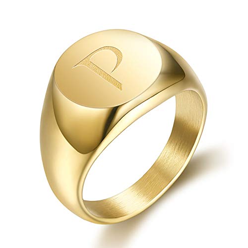 BOBIJOO JEWELRY - El Anillo de sellar el Hombre Iniciales Grabadas en la Elección de Acero Inoxidable Chapado en Oro de 13mm - 27 (12 US), P - Acero 316 - Oro