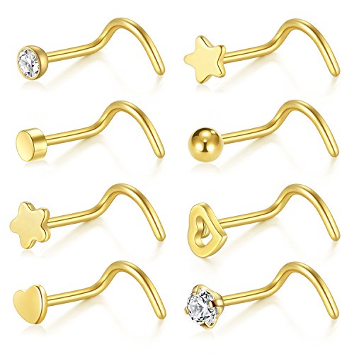 Briana Williams 20G 8 Unids Nose Screw Studs Anillo de Acero Inoxidable Zirconia Ball Heart Star Flat Top Nostril Retenedor Joyería Piercing