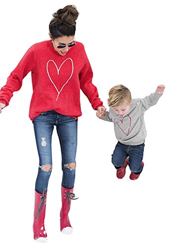 Camiseta para Madre e Hijo Hija de Manga Larga T Shirt con Impresión de Corazón Sudadera sin Capucha Camisa Top de Cuello Redondo para Mamá y Niños Primavera Otoño Invierno