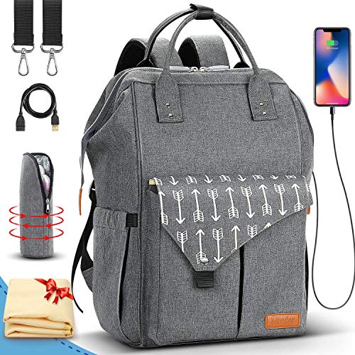 DOOKEY Mochilas para Pañales, Mochila de Pañales para Bebé, con Bolsillo Térmico para Biberones, 2 Correas de Cochecito, USB, Fondo Impermeable, Tome Rápidamente Papel de Bolsas en el Lado ect.