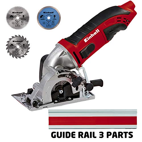 Einhell Juego de sierra circular de mano Mini TC-CS 860/1 (450 W, Max. 23 mm, hoja de sierra de 85 mm de diámetro, adaptador de extracción, tope paralelo, 2 hojas de sierra, 1 de diamante, riel de guía, maletín)