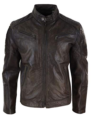 Infinity Chaqueta Biker Vintage Elegante de autentico Cuero con Cremallera para Hombre, Marron Efecto Lavado