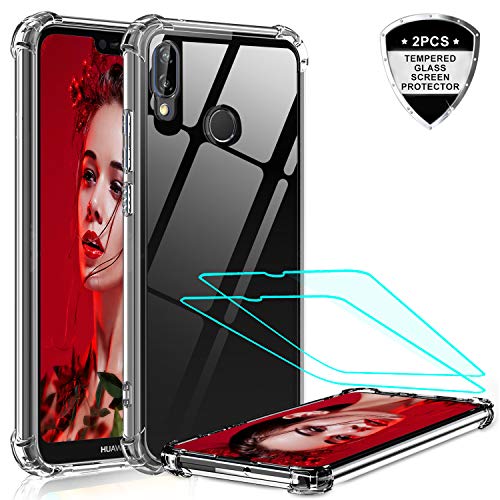 LeYi Funda Huawei P20 Lite con [2-Unidades] Cristal Vidrio Templado, Cristal Transparente Shockproof Carcasa Ultra Silicona PC y TPU Slim Gel Bumper Antigolpes Cover Case para Movil P20 Lite,Clear