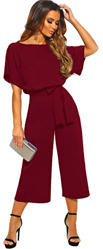 Longwu Mujeres Casual Elegante Cintura Alta Mono de Manga Corta Pantalones de Pierna Ancha Ocasionales Mamelucos Sueltos con cinturón Vino Rojo-S