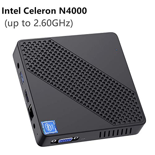 Mini PC sin Ventilador Intel Celeron N4000 (hasta 2.6GHz) 4GB DDR / 64GB eMMC Mini computadora Windows 10 Pro Puerto HDMI y VGA 2.4/5.8G WiFi BT4.2 3xUSB3.0 Soporte Linux, M.2 2242 SSD