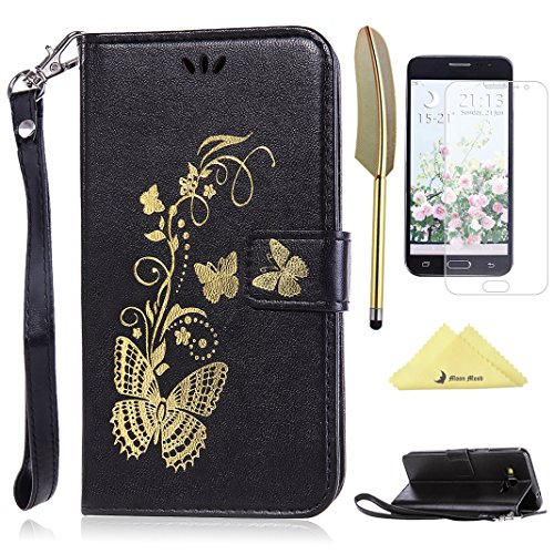 Moon mood Galaxy Grand Prime G530 Funda de Piel, Negro Libro Funda de Cuero PU con Tapas y Cartera Funda Carcasa con Caso de TPU Silicona Case Flip Cajas del con Ranuras para Tarjetas y Billetera