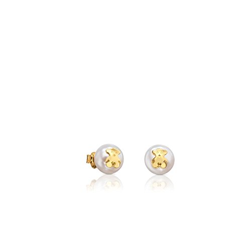 TOUS Bear - Pendientes de oro amarillo de 18kt con perla cultivada de agua dulce de 0,9 cm. y cierre presión