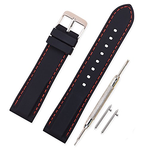 Vinband Correa Silicona Reloj Correa Suave Reemplazo de Banda de Acero Inoxidable Hebilla - 18, 20, 22, 24 mm Correas de Cuero para Reloj (20mm, Negro-Rojo)