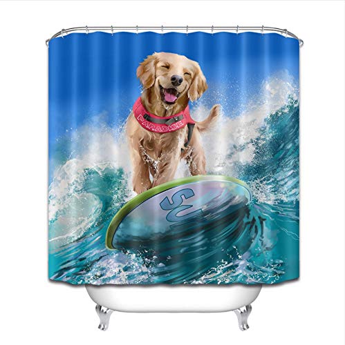 WIXIJAWR 3D Lindo Golden Retriever Surfista Monta En Las Olas Cortina De Ducha Perro Océano Mar Tela De Baño Impermeable para Bañera Decoración 220X220Cm