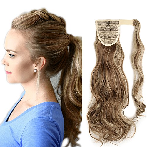 17"(43cm) Coleta Postiza de Pelo Sintético Rizado con Clips Extensiones de Cabello Invisible y Natural Ponytail Hair Extension (90g,Castaño Claro mezcla Rubio Ceniza)