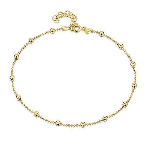 Amberta 925 Fina Plata de ley - 18K Chapado en Oro - Brazalete de Tobillo - 3,2 mm Pulsera de Bola - 22 a 25,5 cm - Ajuste Flexible