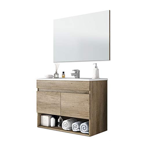 ARKITMOBEL 305110H - Mueble de baño Cotton con 2 Puertas y Espejo, modulo Lavabo Color Nordik, Medidas: 80 x 57,5 x 45 cm de Fondo