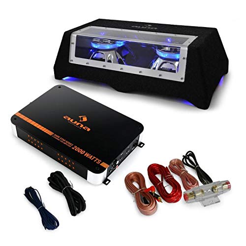 Auna Black Line 120 Equipo de Sonido HiFi para Coche (Potencia, máxima 1600W, Amplificador 2 Canales, 2X subwoofer 10", Set Cables)