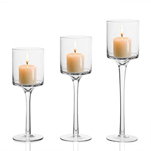 BELLE VOUS Portavelas de Vidrio (3 Piezas) - 3 Tamaños G-26cm, M-23cm, P-20cm - Candelabros para Velas de Te - Luces de té Portavelas Perfecto para Regalos, Mesas de Boda, Fiesta Decoración