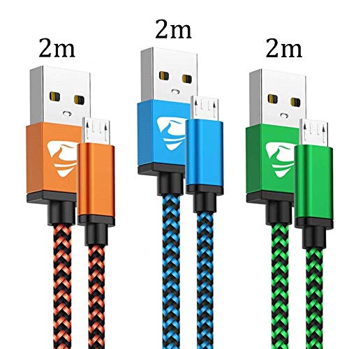 Cable Micro USB Carga Rápida Aioneus Cargador Android 3-Pack 2M Cable Android Nylon Movil Cables Cargador para Samsung S7 S6 S5 j7 j5 j3 Tablet Huawei Sony HTC Motorola Nexus LG PS4