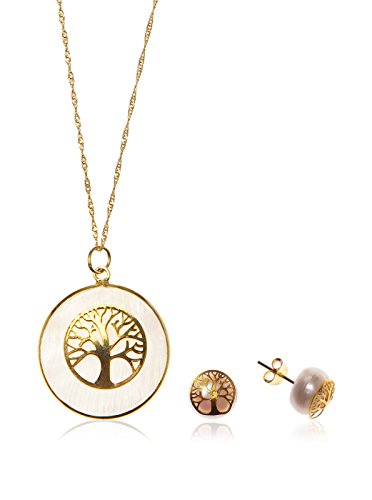 Córdoba Jewels | Conjunto de Gargantilla y Pendientes en Plata de Ley 925 bañado en Oro con Piedra semipreciosa. Diseño Árbol de la Vida Oro Nácar