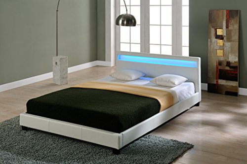 Corium® Cama elegante tapizada en piel sintética - con sistema de iluminación LED - 140x200cm (blanco)